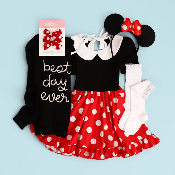 minnie mouse inspired outfit for little girls with cute best day ever sweater and white knee high socks