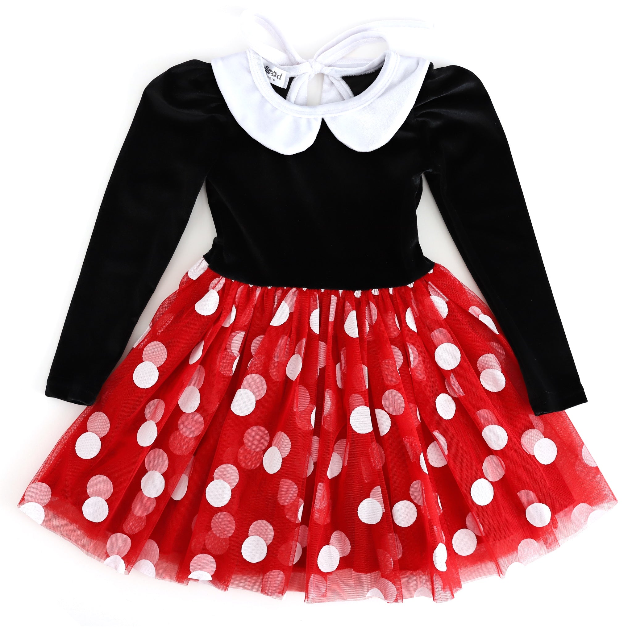 girls' Minnie inspired tutu dress with black long sleeve velvet bodice and white collar and red tulle with white polka dots