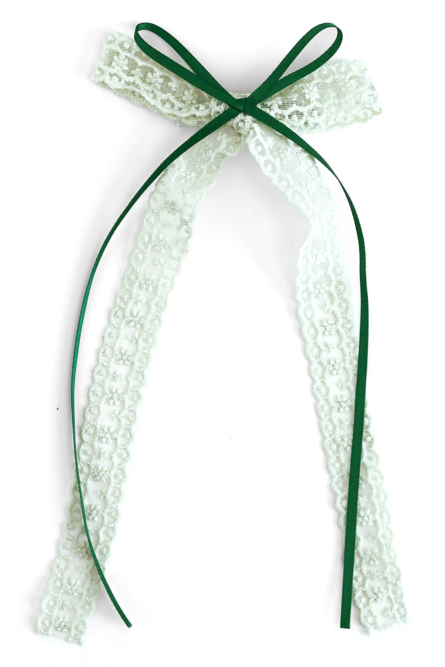 mint lace hair bow with forest green ribbon shown on white background