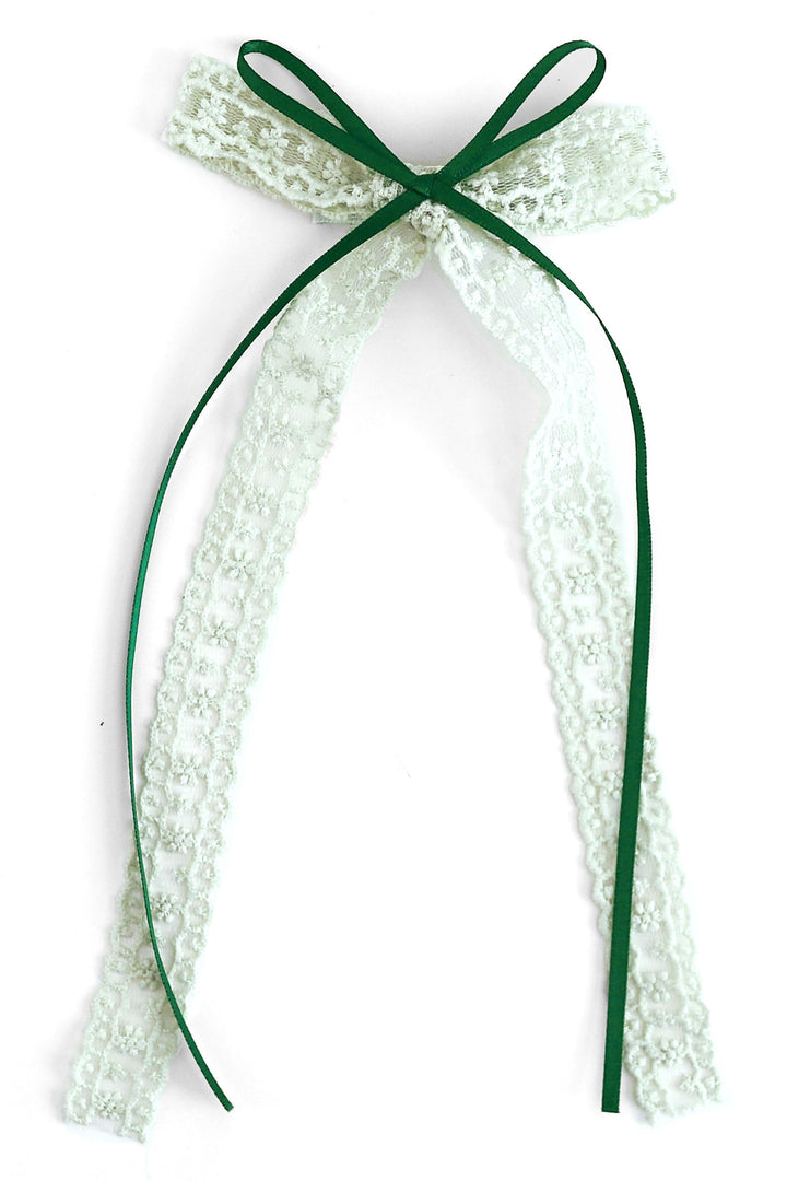 mint lace hair bow with forest green ribbon shown on white background