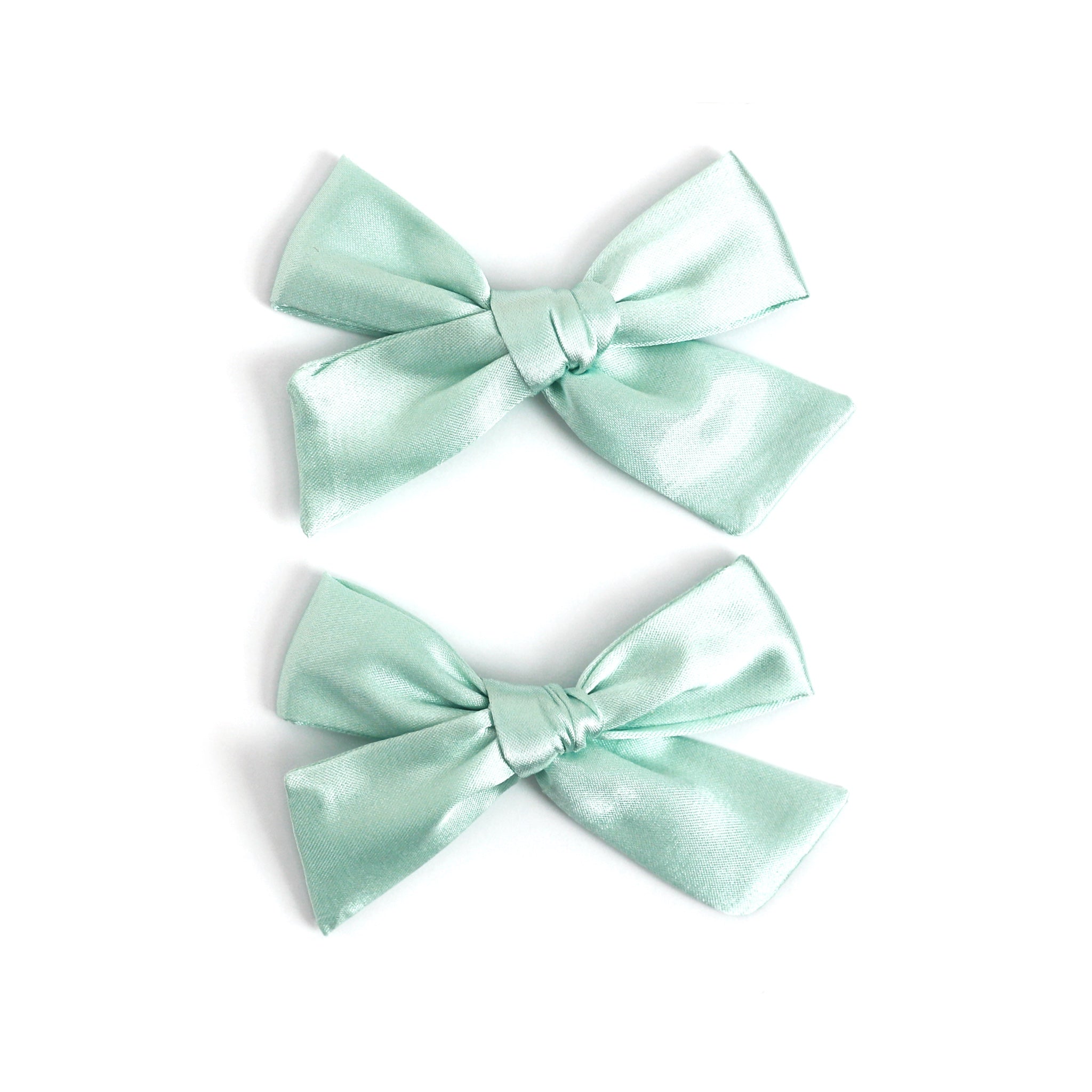 little girls mint satin pigtail bows on clips for pastel Christmas outfits