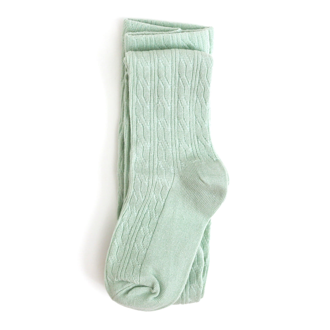 little girls cotton cable knit tights in pastel mint green