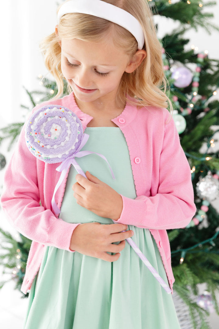 girls pink cardigan and mint dress pastel christmas