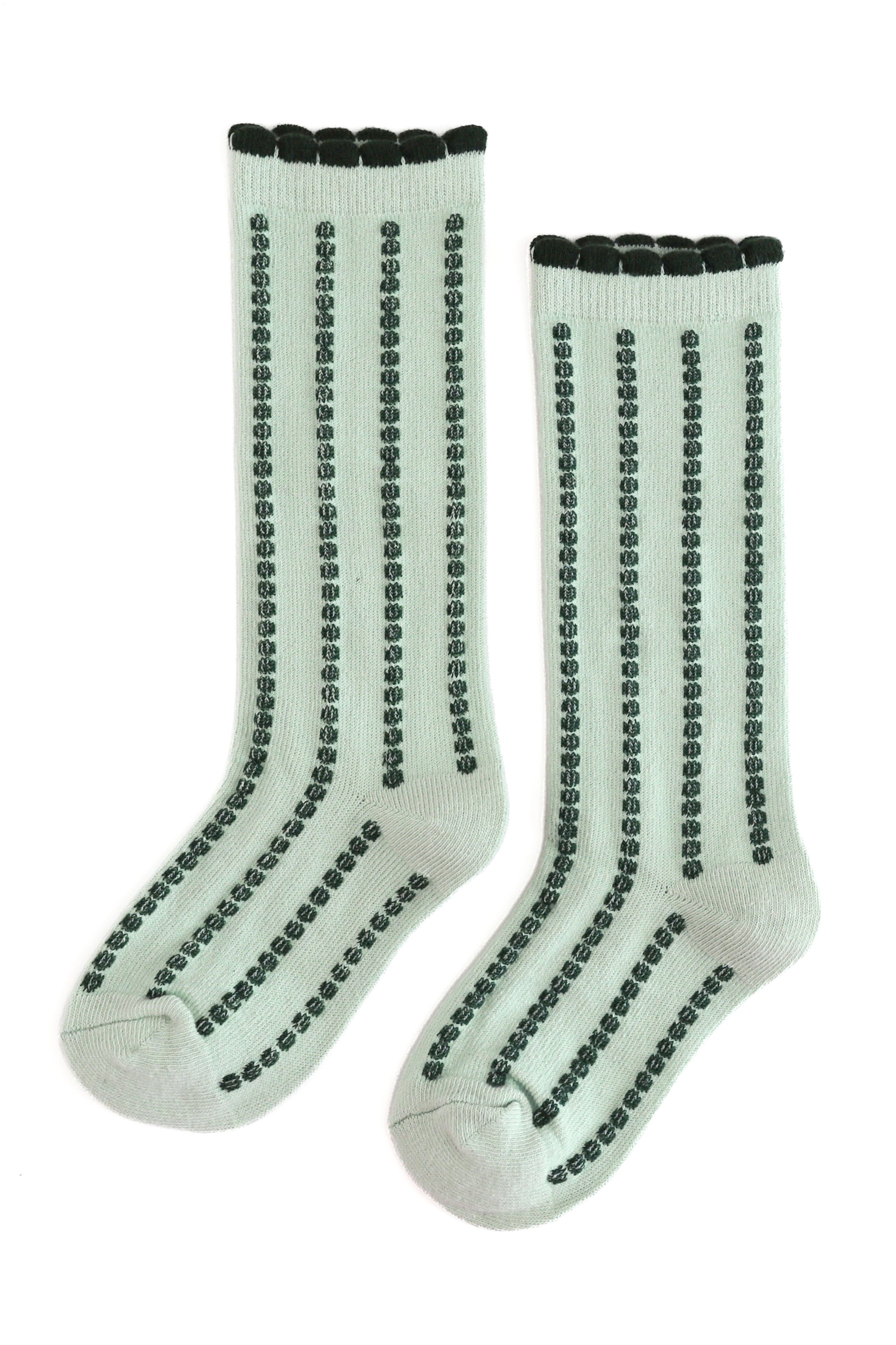 Girls' mint knee socks with forest green bubble stripes and scalloped trim for Christmas