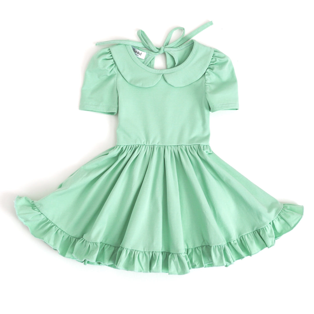 girls twirl dress with collar in mint green for spring and Valentine's day 