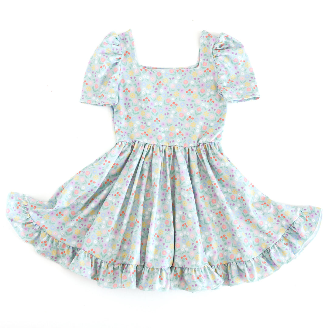 girls' mint short sleeve twirl dress with pastel floral print for spring and Easter