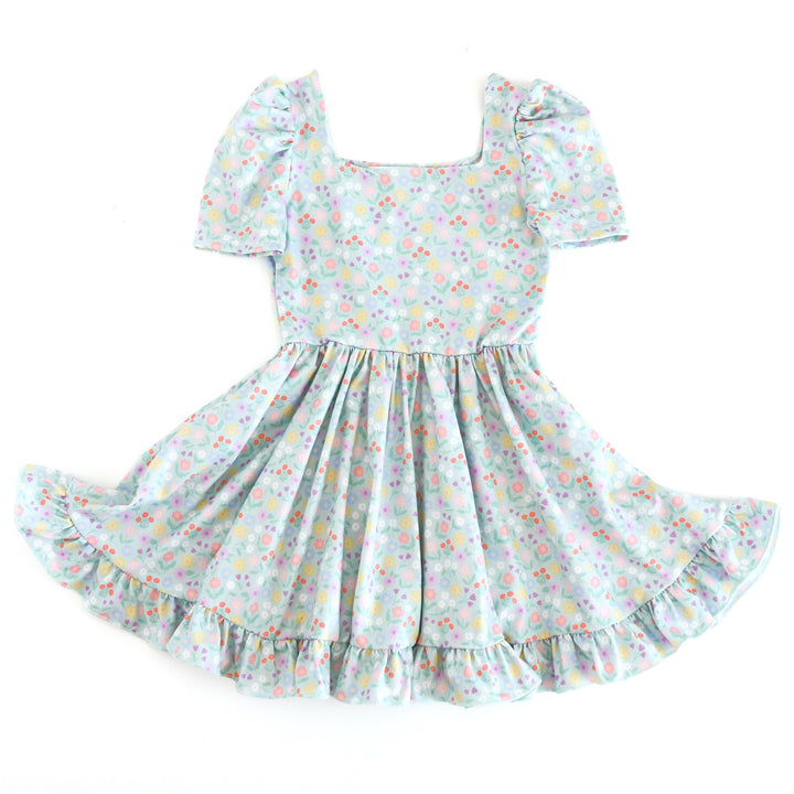 girls' mint short sleeve twirl dress with pastel floral print for spring and Easter