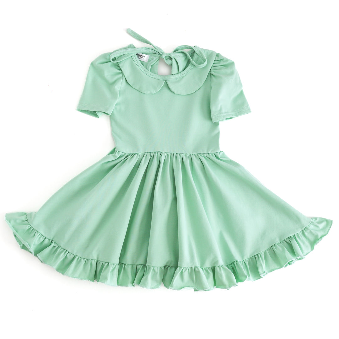 girls mint green spring twirl dress with peter pan collar and ruffled skirt in a soft cotton blend fabric
