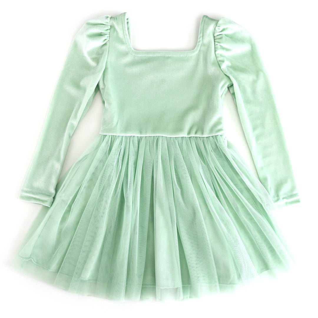 girls square neck, long sleeve velvet dress with tutu in mint green