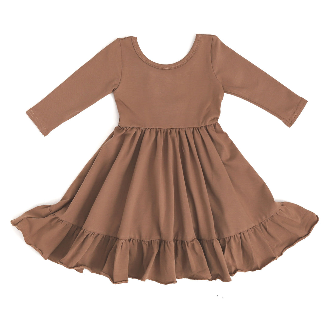 mocha brown party dress for girls with long sleeve and pockets