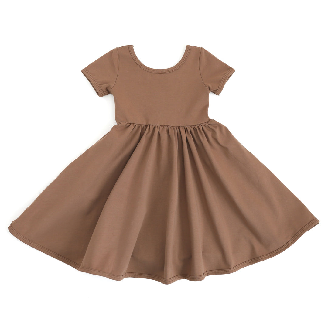 girls' cotton everyday dress with pockets in mocha brown, taupe