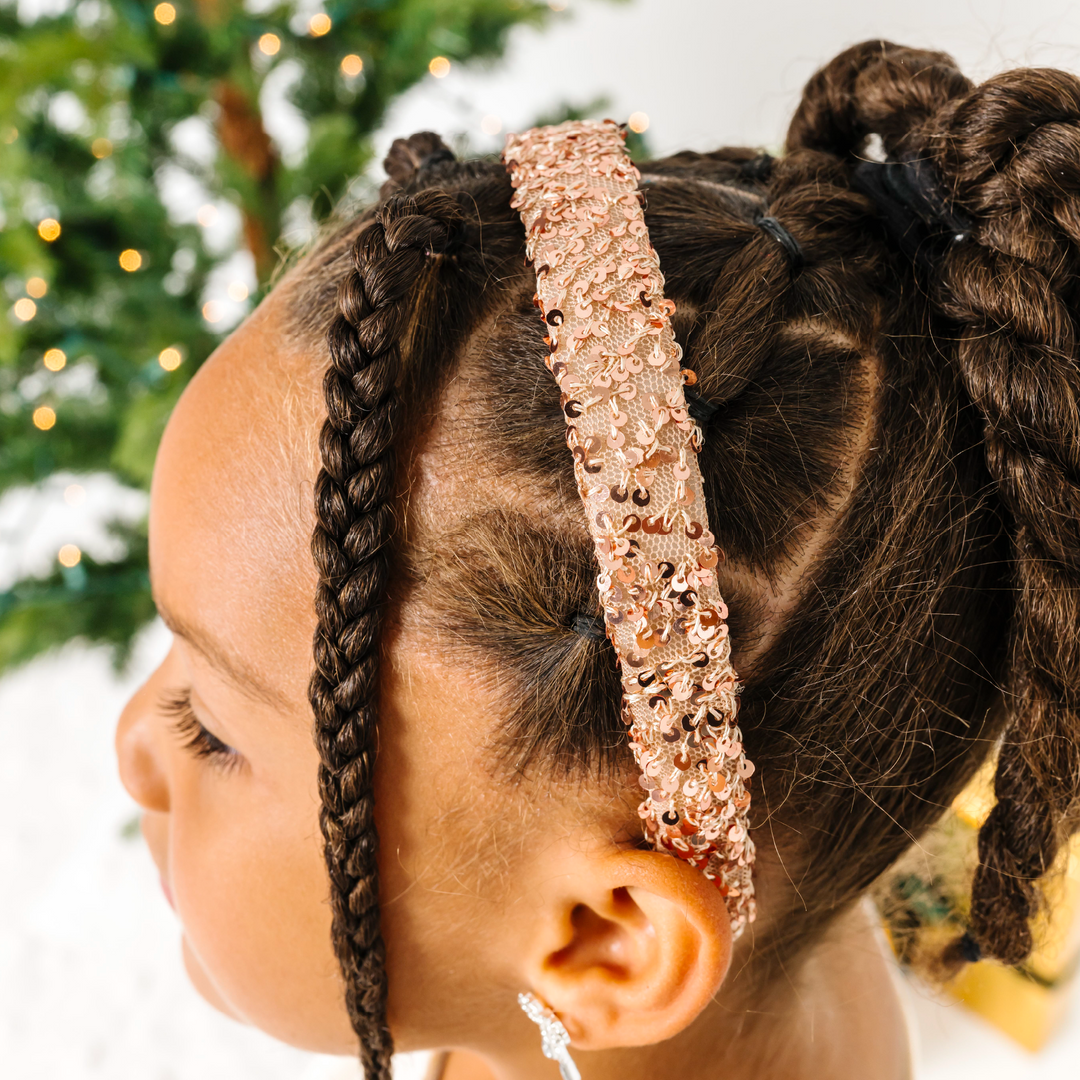 little girl in mocha light brown sequin headband for Christmas