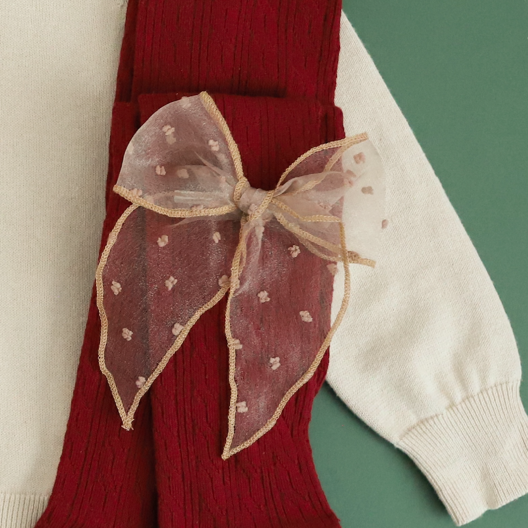 girls golden brown sheer party bow with embroidered dots with matching crimson red tights and vanilla sweater