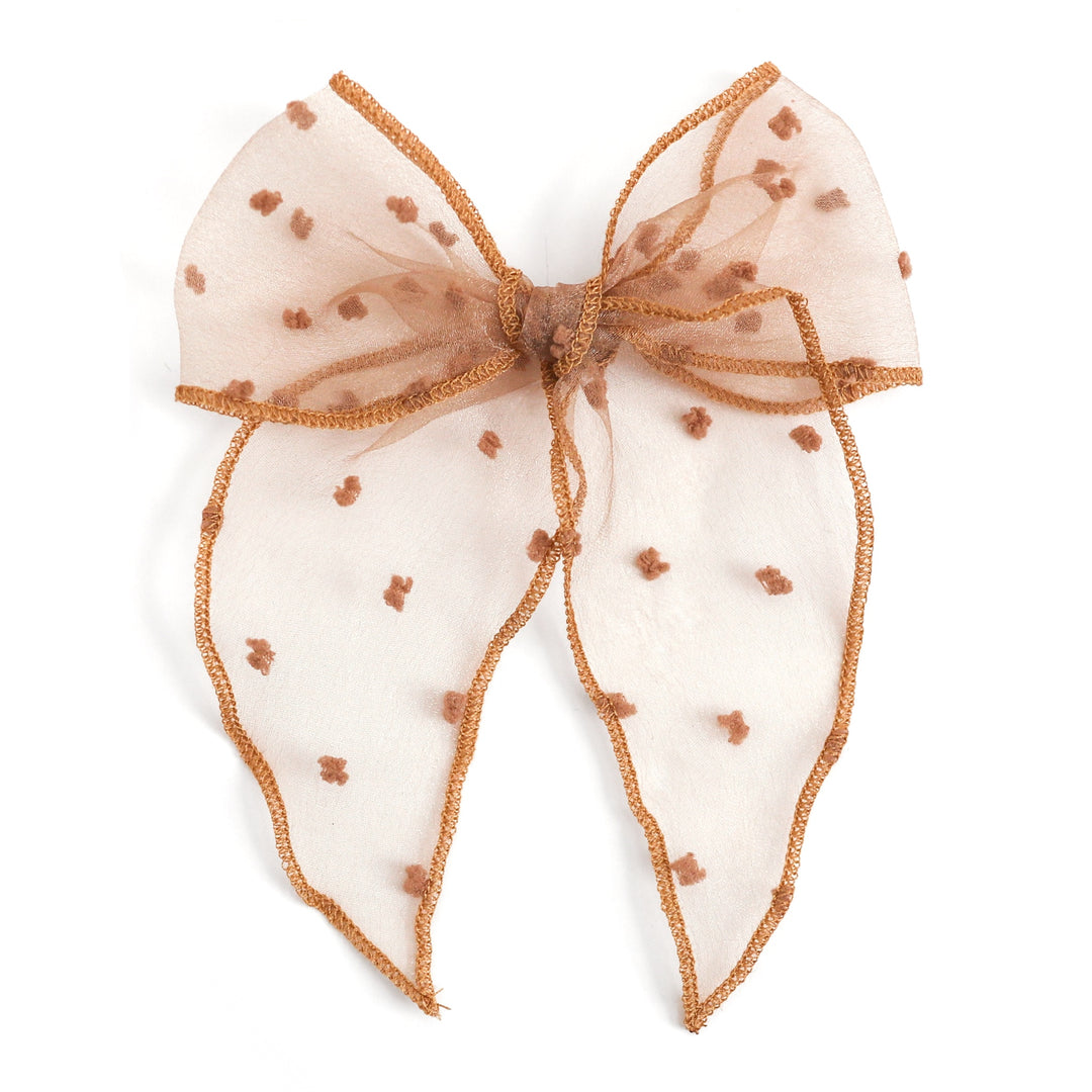 girls golden brown sheer party bow with embroidered dots