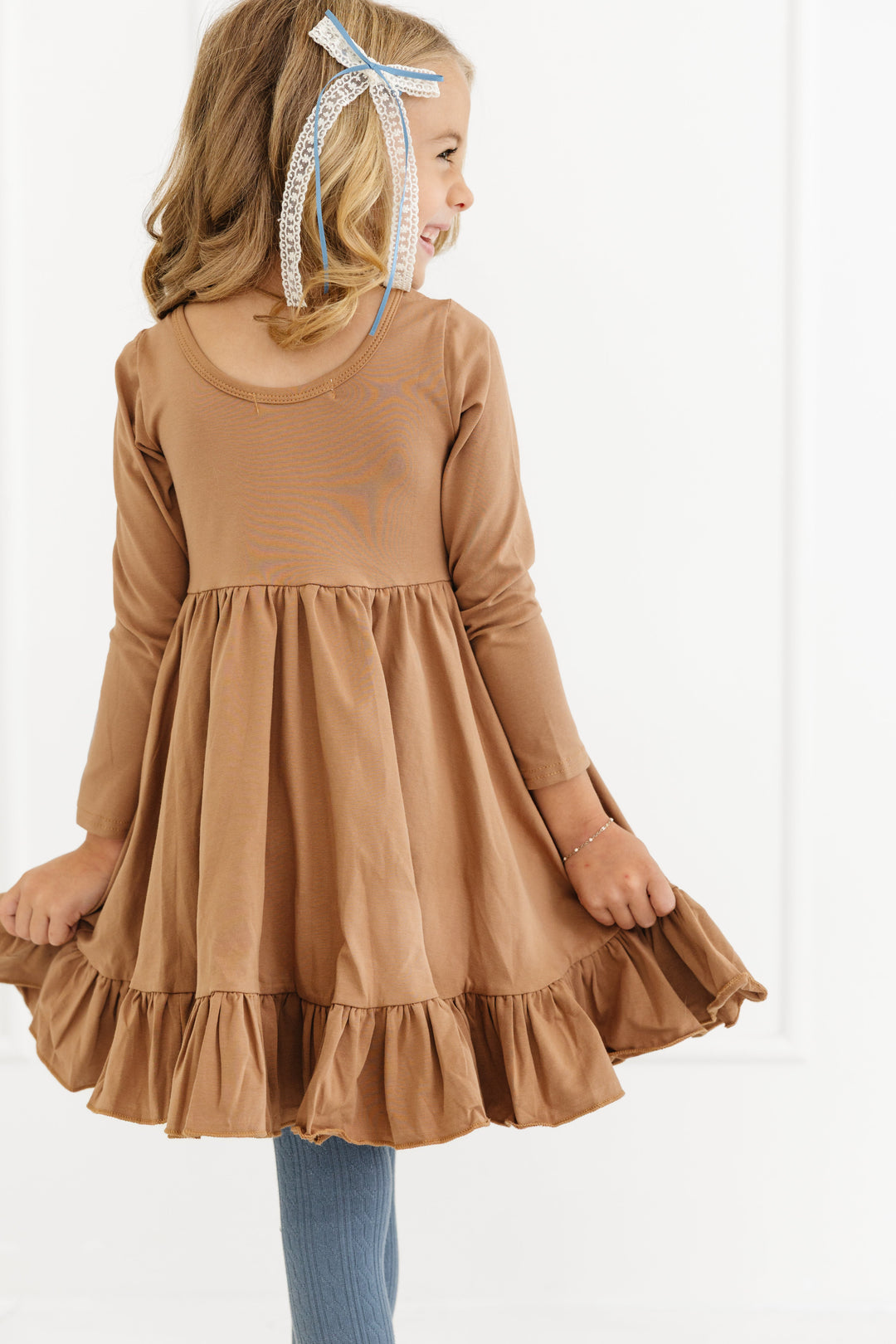 Girls' Long Sleeve Cotton Twirl Dress - Mocha Little Stocking Company Girls' Long Sleeve Cotton Twirl Dress - Mocha Little Stocking Company