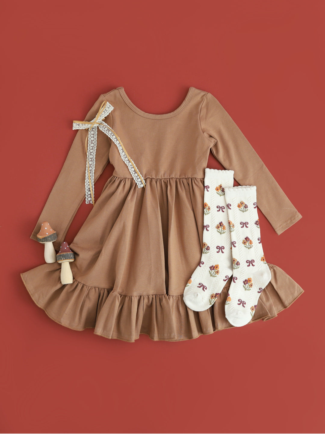 Girls' Long Sleeve Cotton Twirl Dress - Mocha Little Stocking Company Girls' Long Sleeve Cotton Twirl Dress - Mocha Little Stocking Company