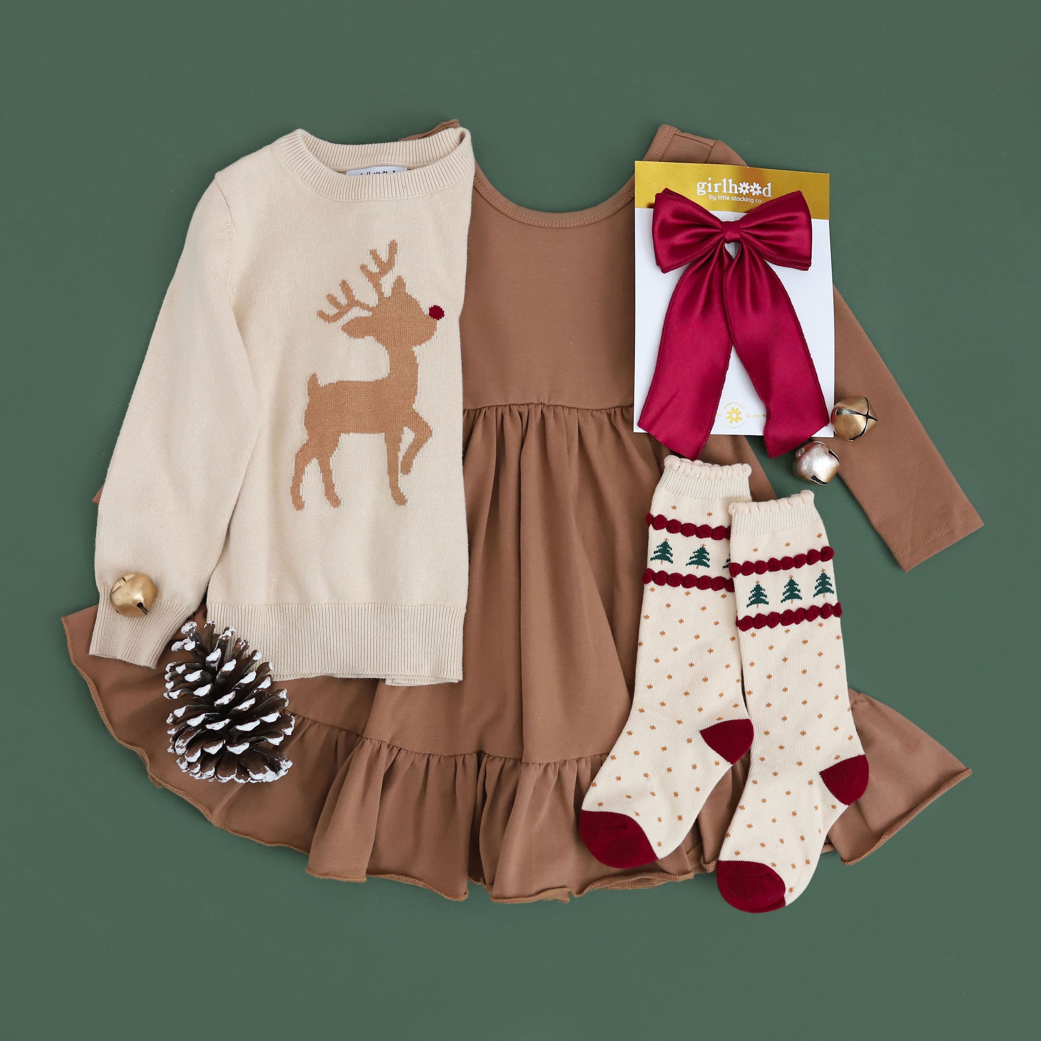 girls christmas outfit tan dress with matching reindeer sweater, red hair bow and christmas tree knee high socks