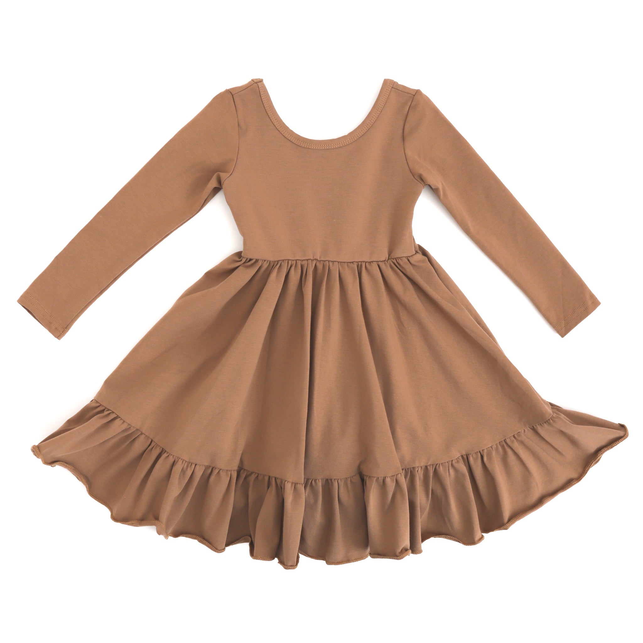 girls mocha tan neutral twirl dress with long sleeves