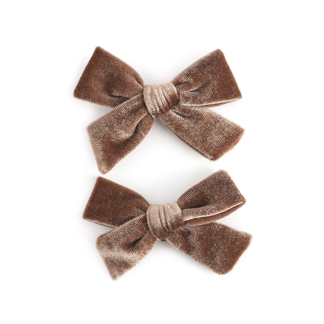 girls' light brown velvet pigtail bows on clips
