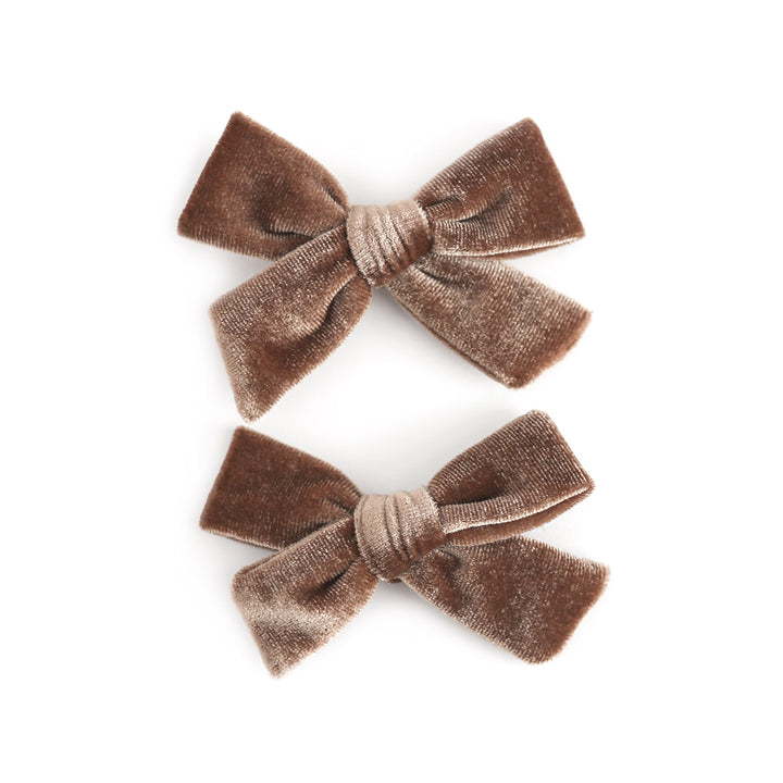 girls' light brown velvet pigtail bows on clips