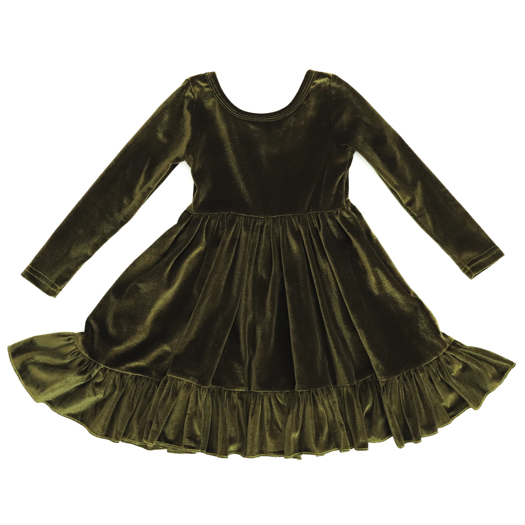 little girls velvet twirl dress in fall green with long sleeves