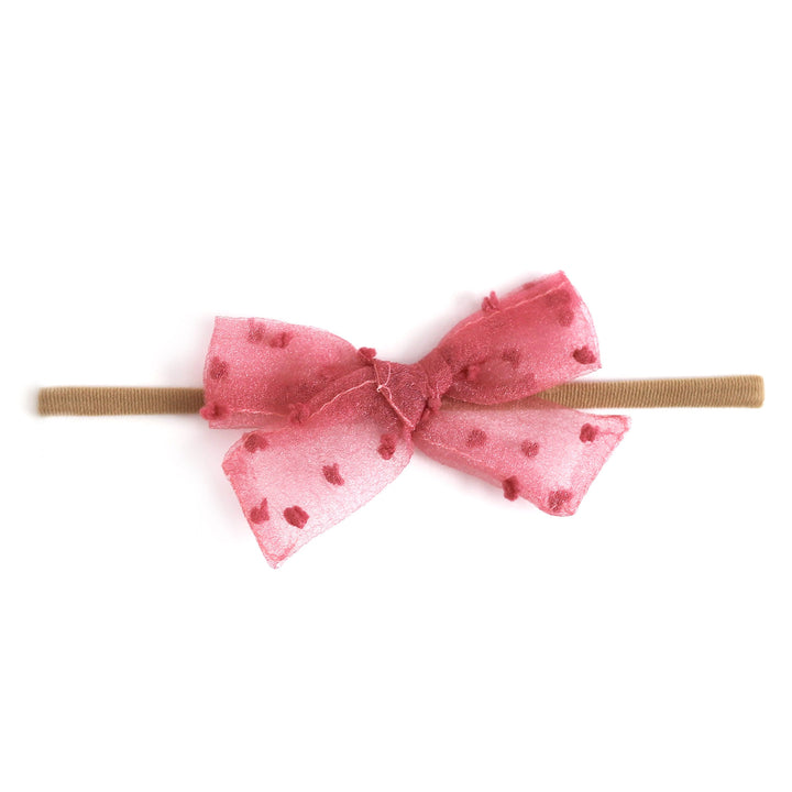 mulberry pink sheer mesh dot baby bow on nylon headband