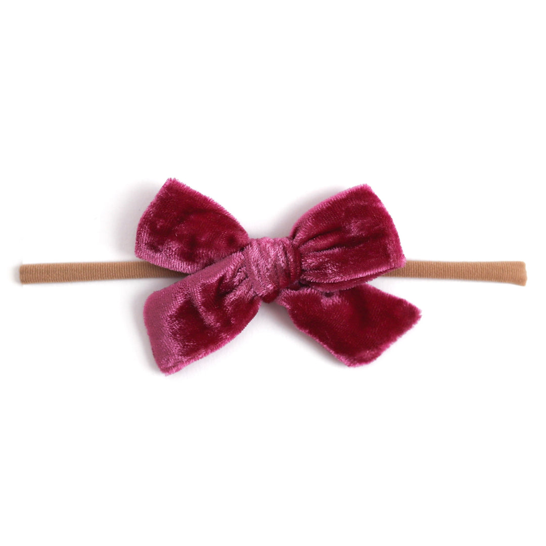 mulberry pink velvet baby bow on nylon headband