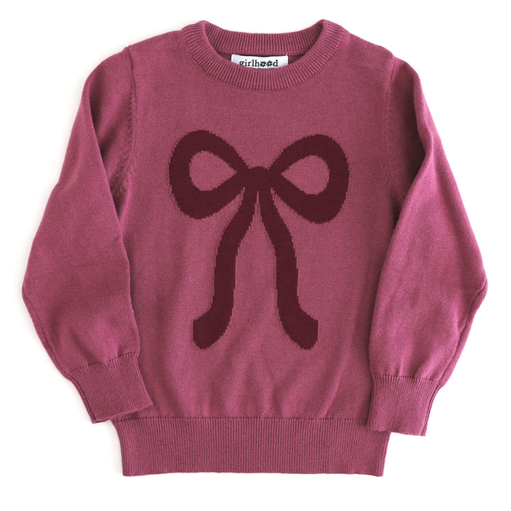 girls' fall cotton knit pullover sweater in mauve with burgundy bow design