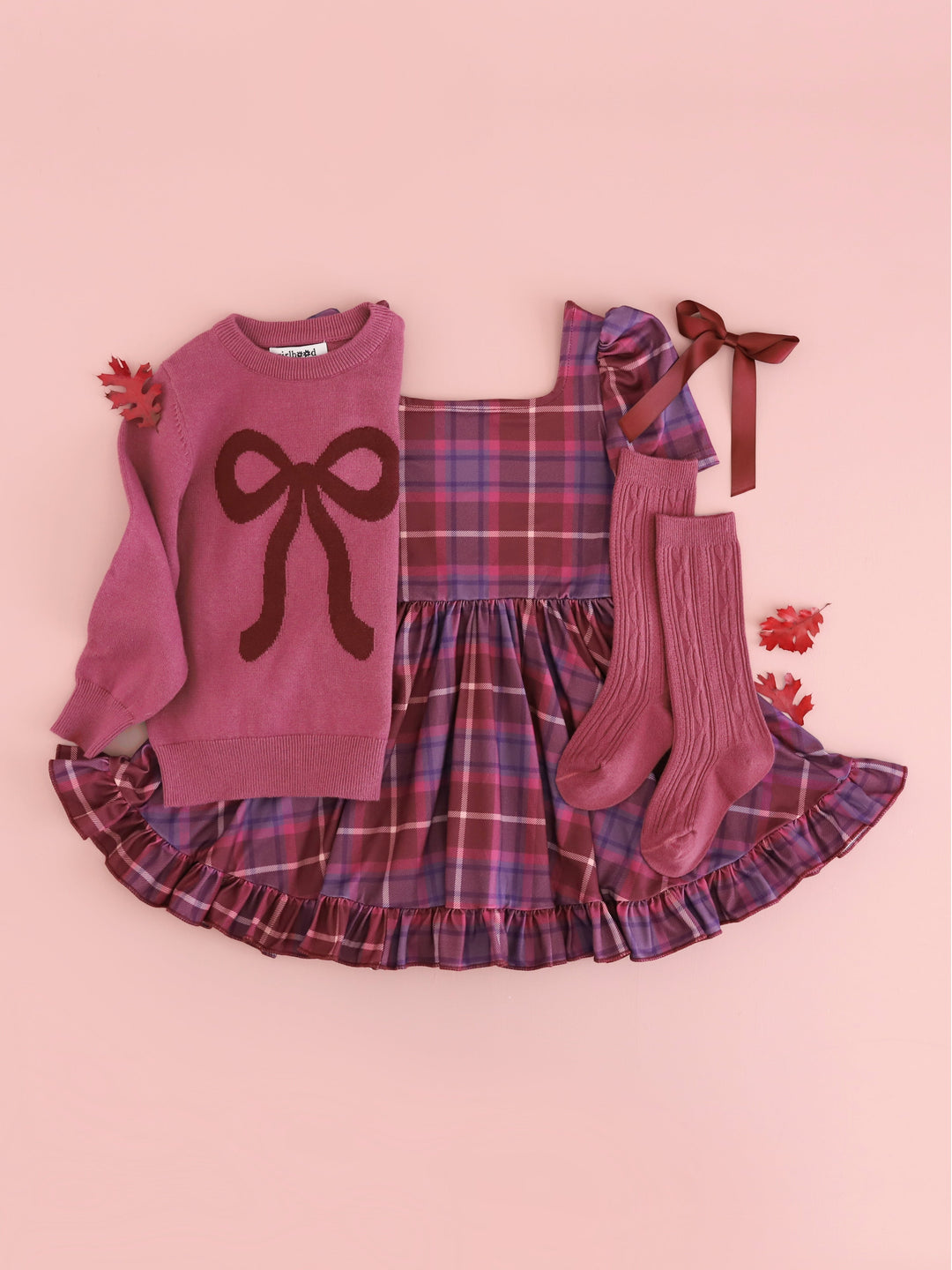 girls' plum plaid square neck twirl dress, mulberry knit pullover sweater with burgundy bow design and matching socks and bow