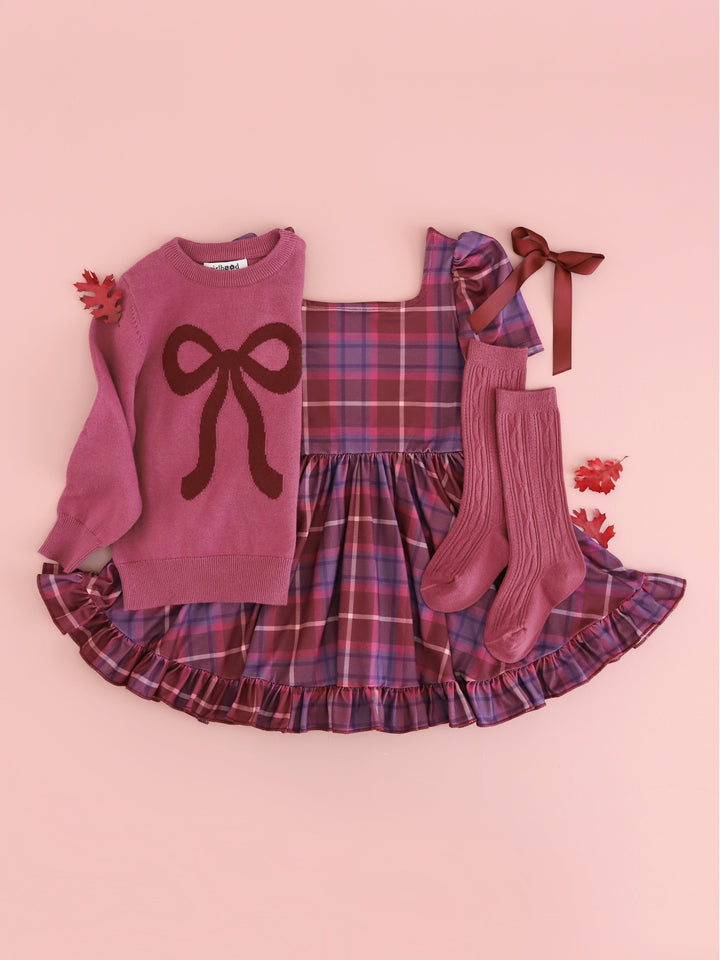 girls' plum plaid square neck twirl dress, mulberry knit pullover sweater with burgundy bow design and matching socks and bow