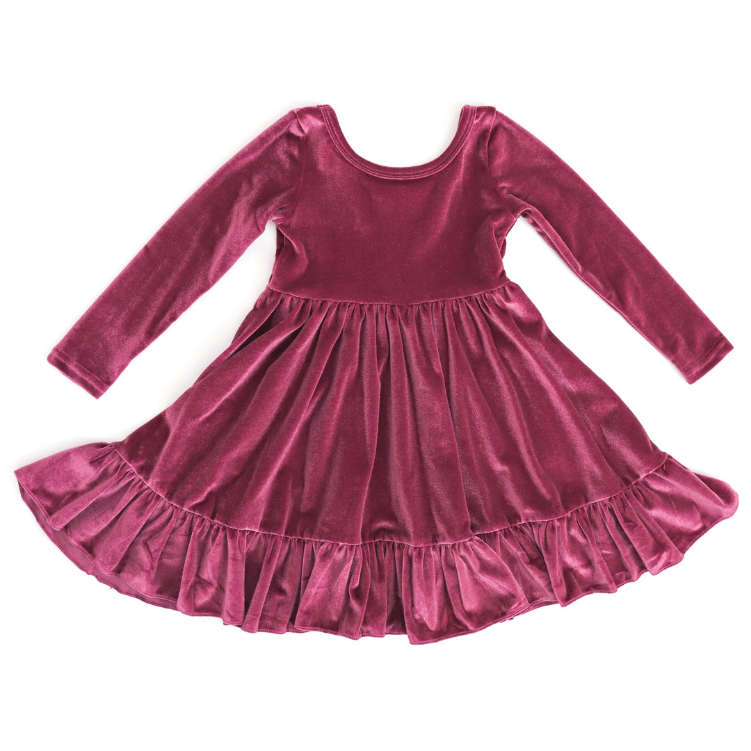 girls long sleeve velvet twirl dress in mulberry pink for harvest