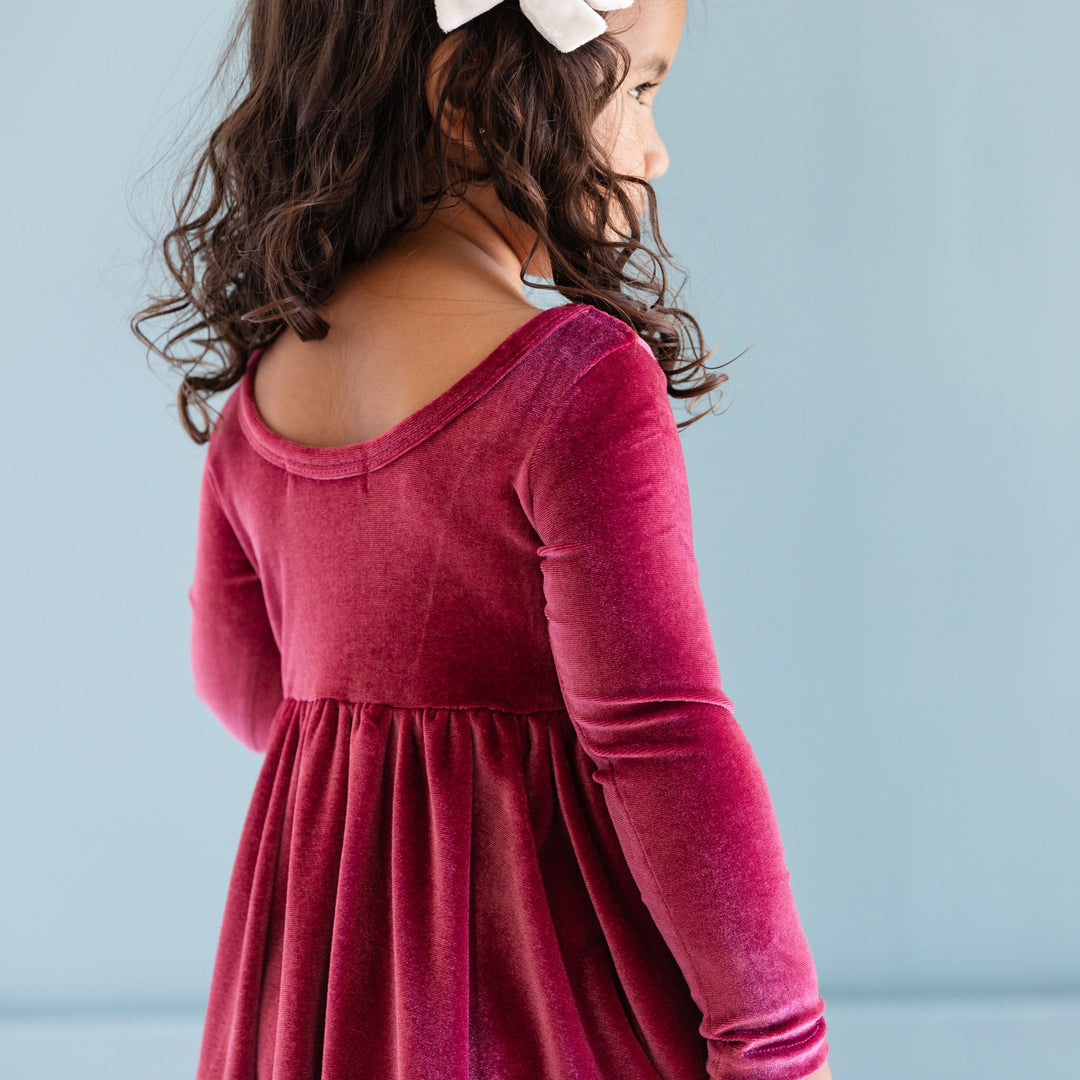 girl pink velvet long sleeve fall twirl dress with scoop back