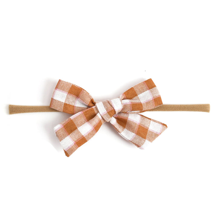 mustard gingham baby bow on nylon headband