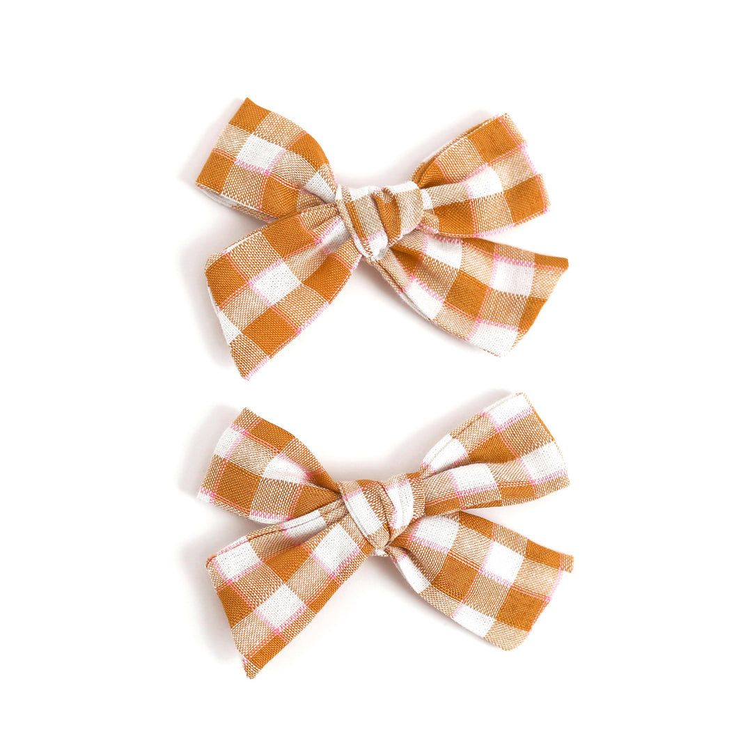 girls' mustard gingham print pigtail hair bow clips