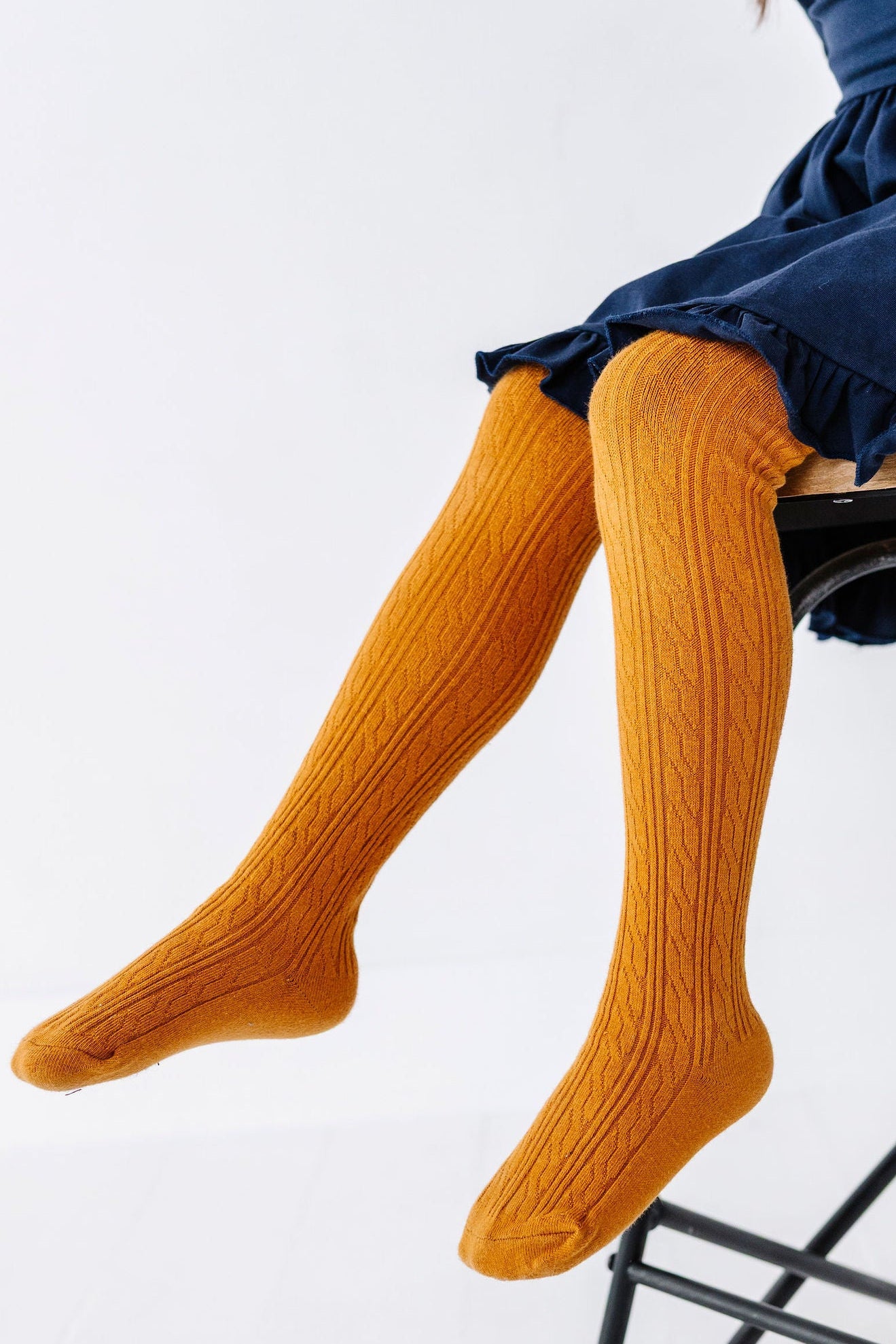 girls mustard yellow cable knit cotton tights