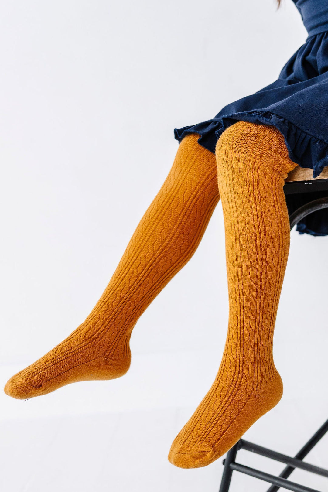 girls mustard yellow cable knit cotton tights