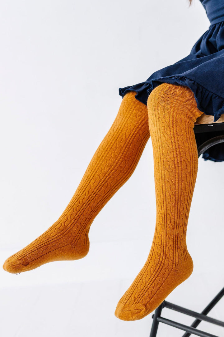 girls mustard yellow cable knit cotton tights