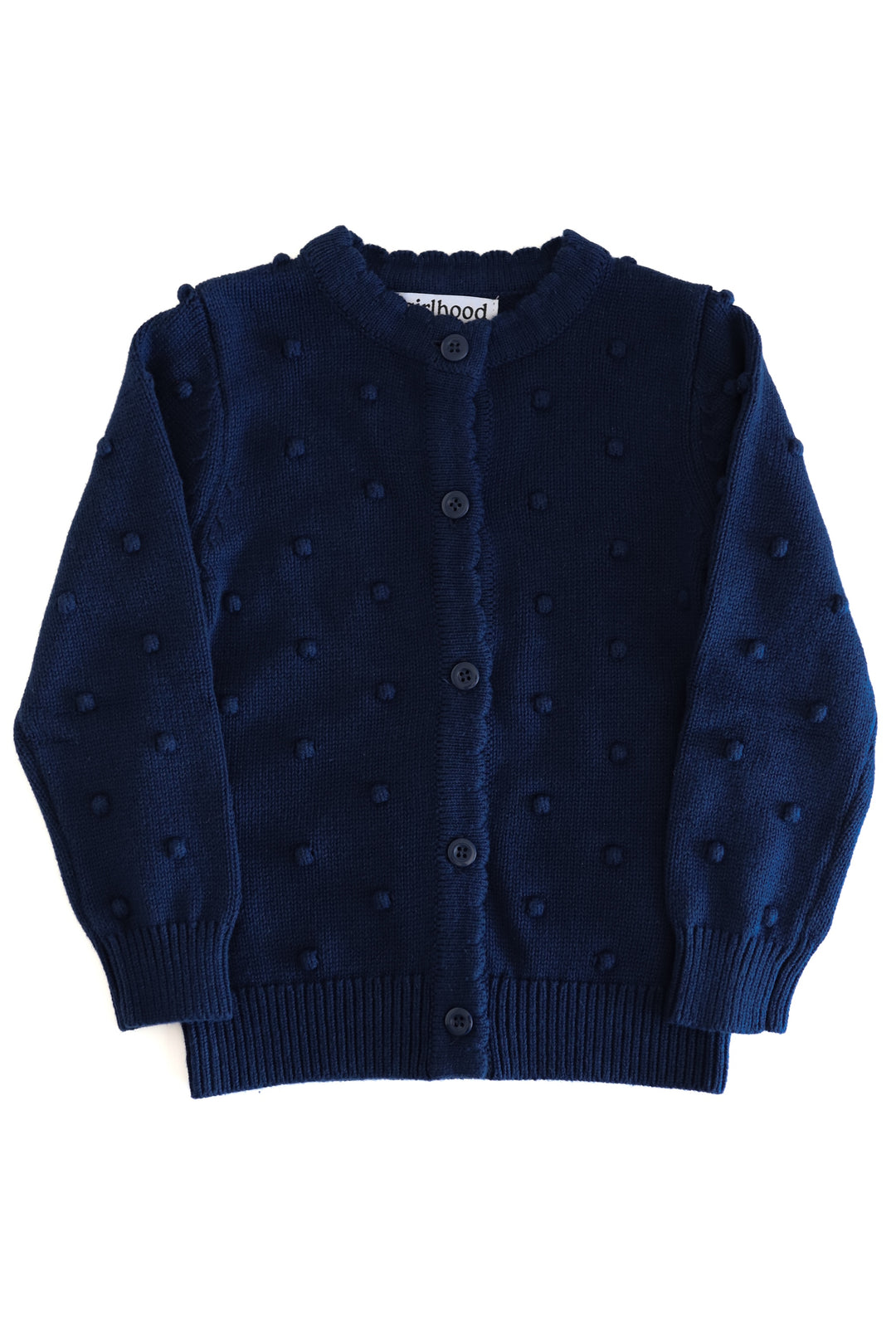 girls navy blue cardigan with 3d raised bubble dots on white background
