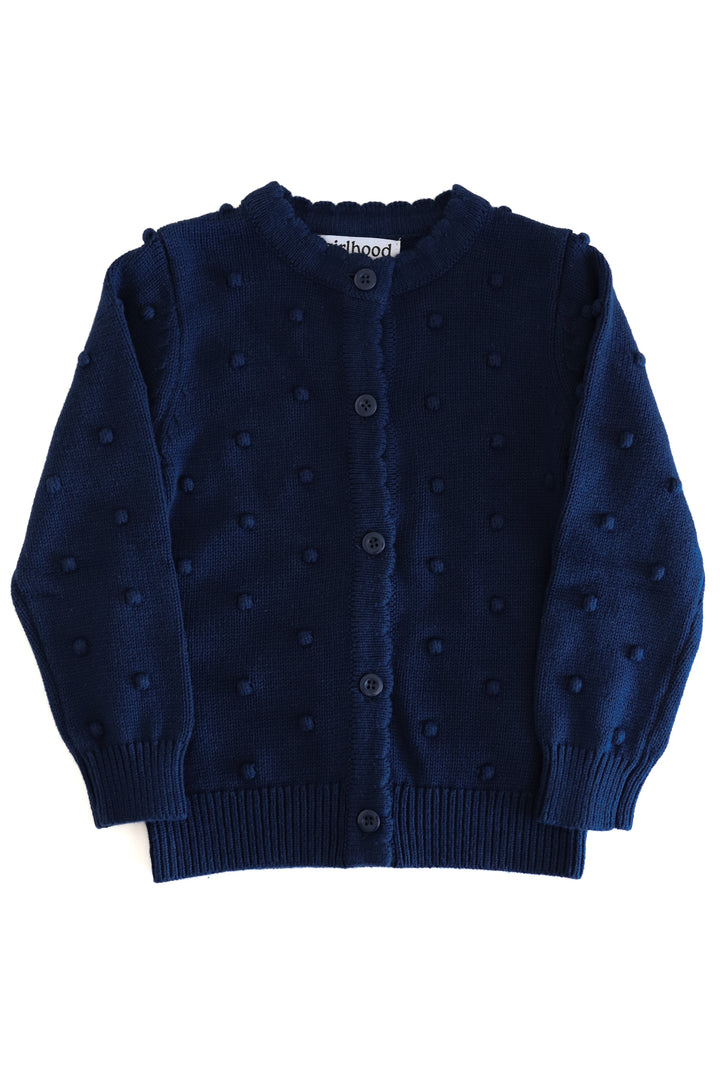 girls navy blue cardigan with 3d raised bubble dots on white background