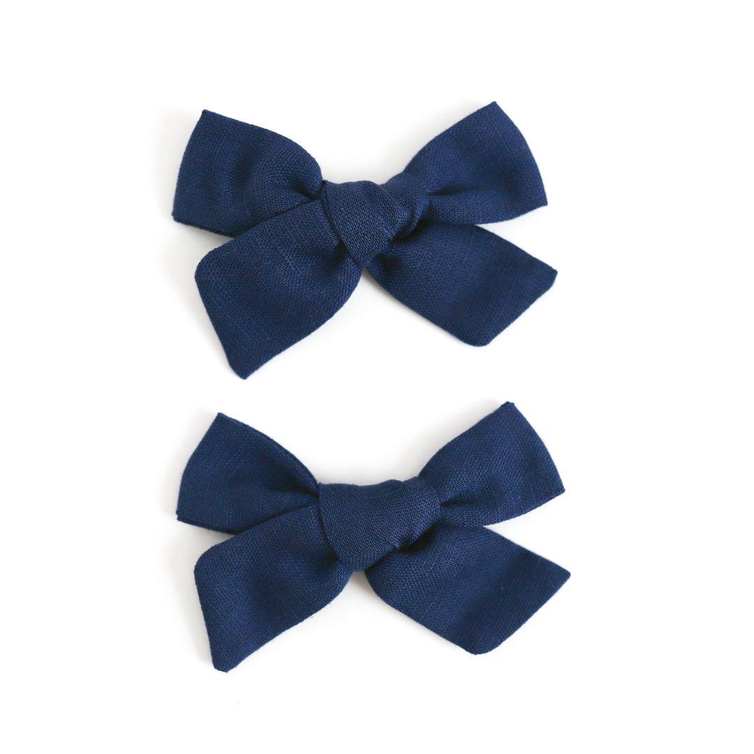 girls' back to school linen hair bow slips in navy