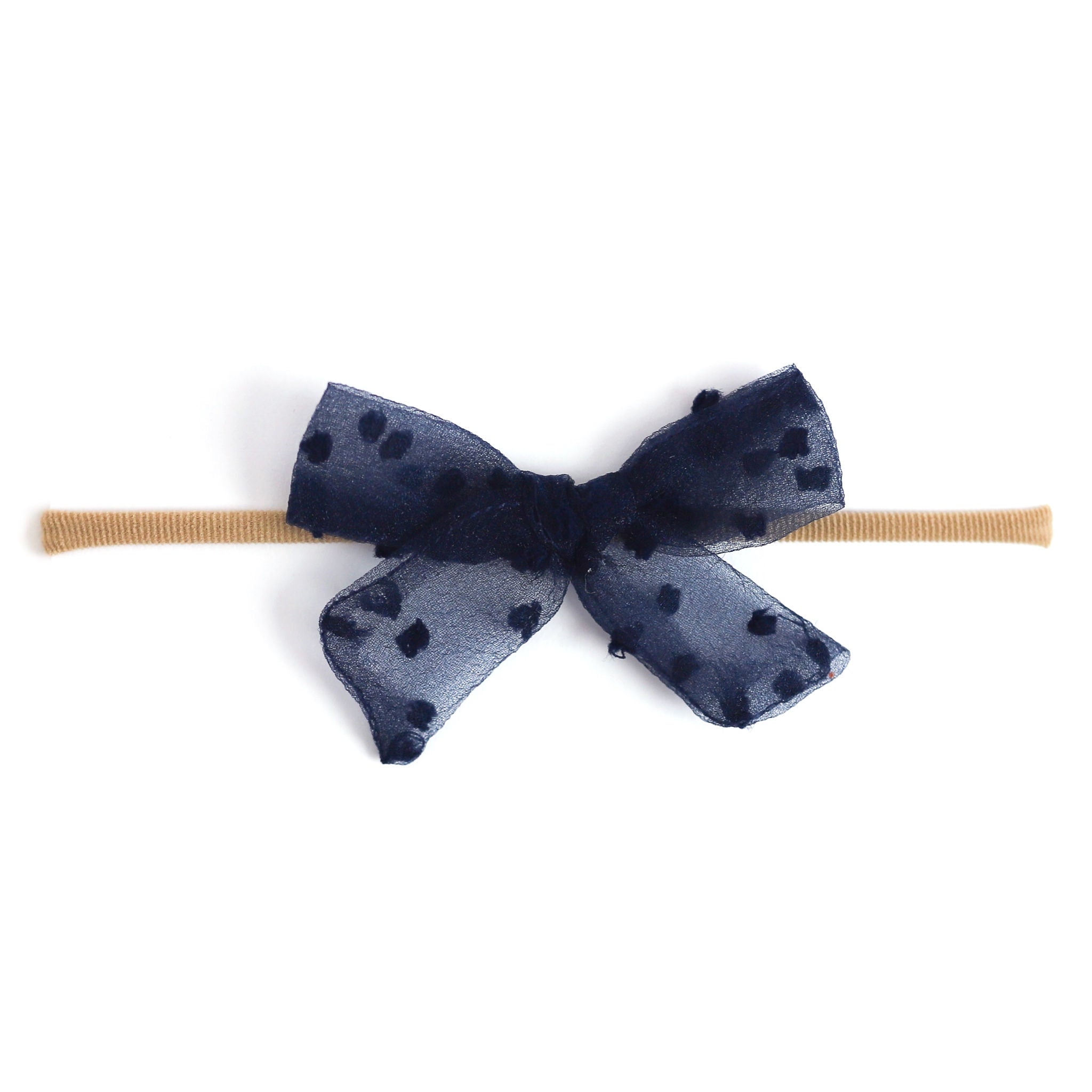 navy blue sheer mesh dot baby bow on nylon headband