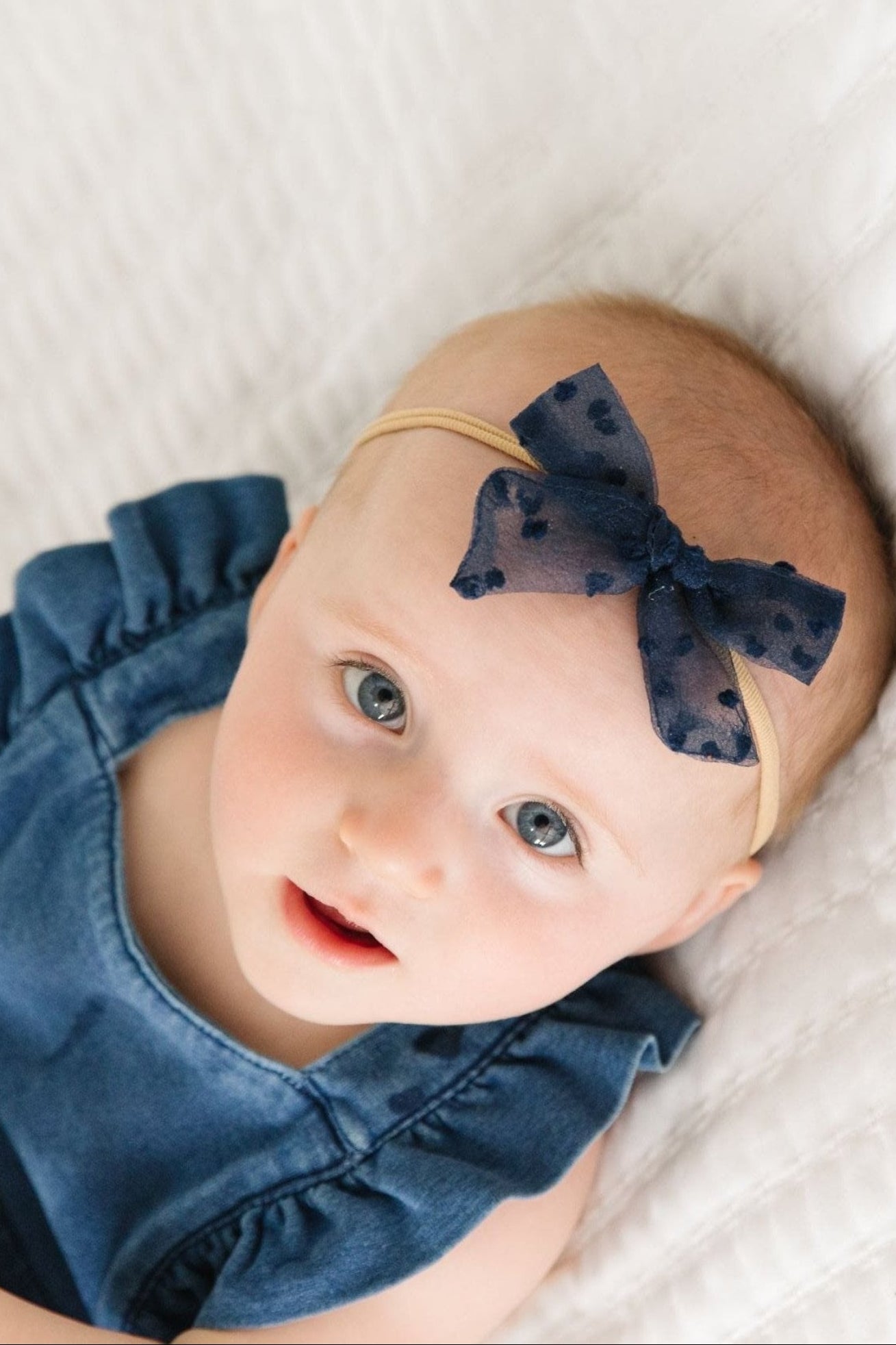 baby girl wearing navy sheer dot baby bow