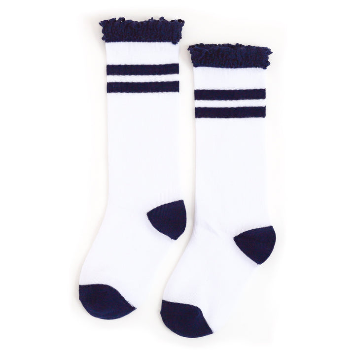 girls' navy striped back to school knee high socks with lace