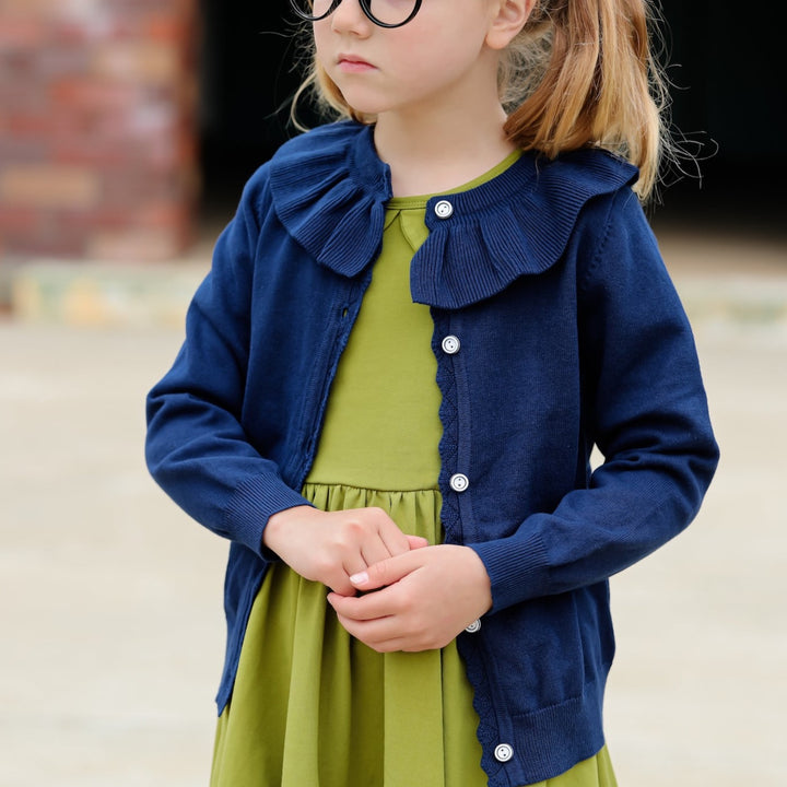 navy blue girls cardigan with ruffle for school