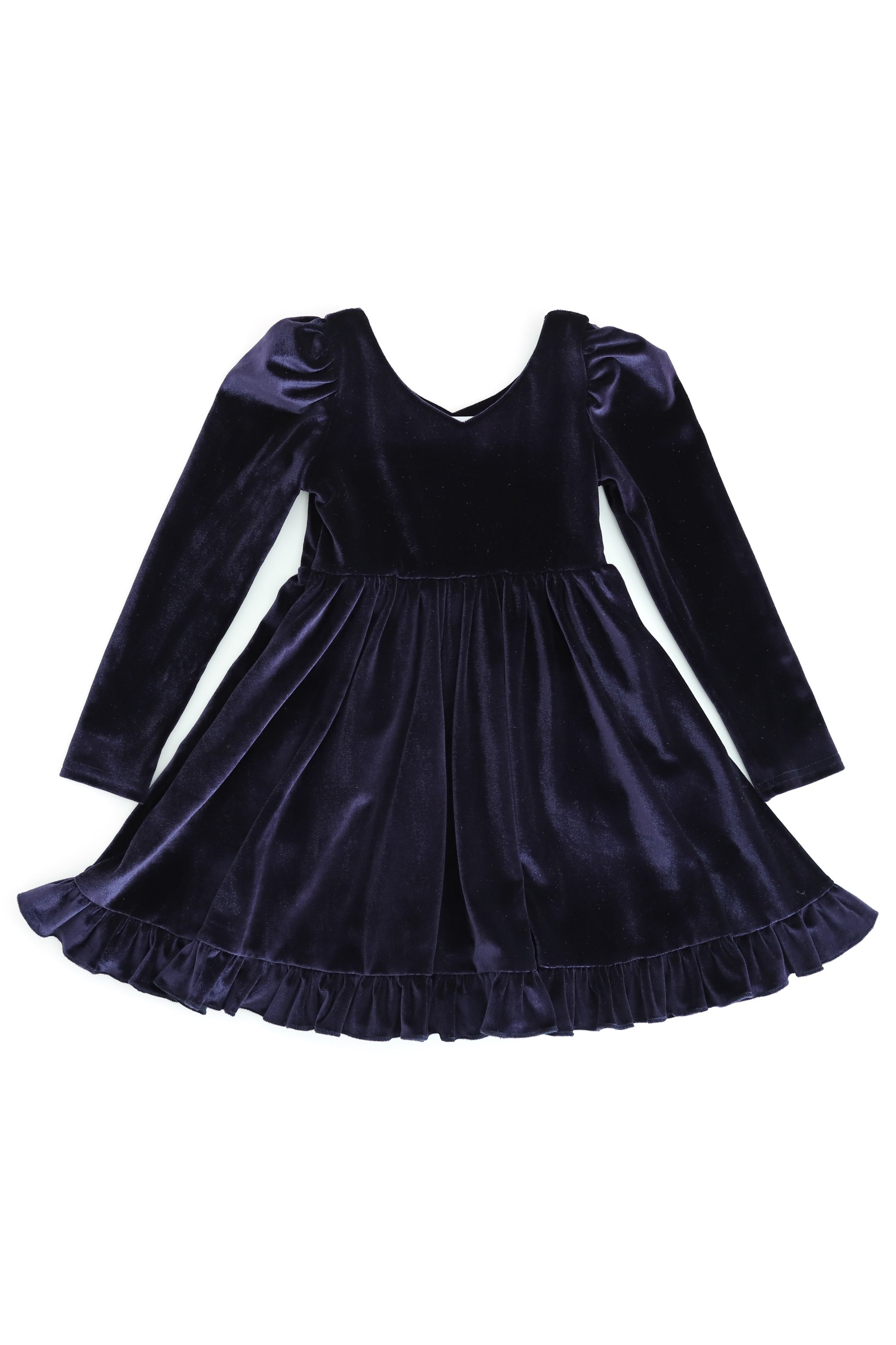 girls' navy velvet twirl dress with v-neck photographed on solid white background