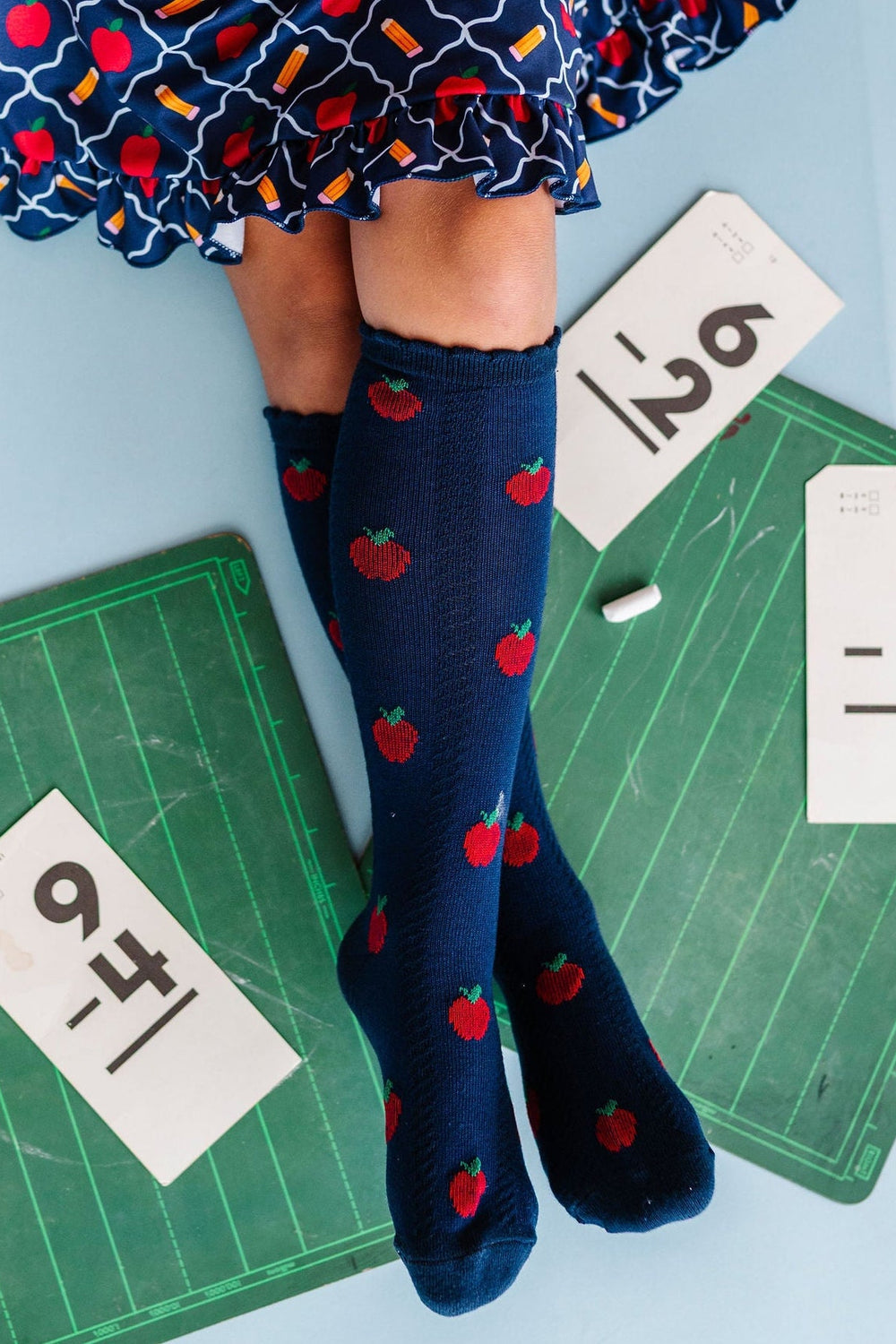 navy apple knee high socks with matching dress for girls