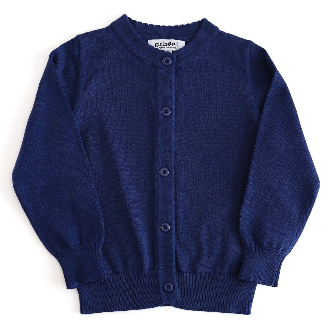 girls cotton knit navy blue cardigan with button front and scalloped trim for back to school and uniform outfits