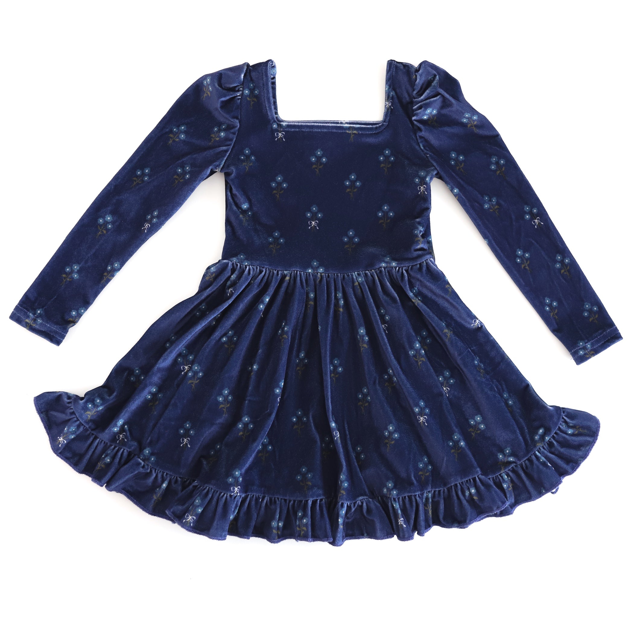 girls' long sleeve, square neck velvet twirl dress in navy blue with petite fall floral pattern