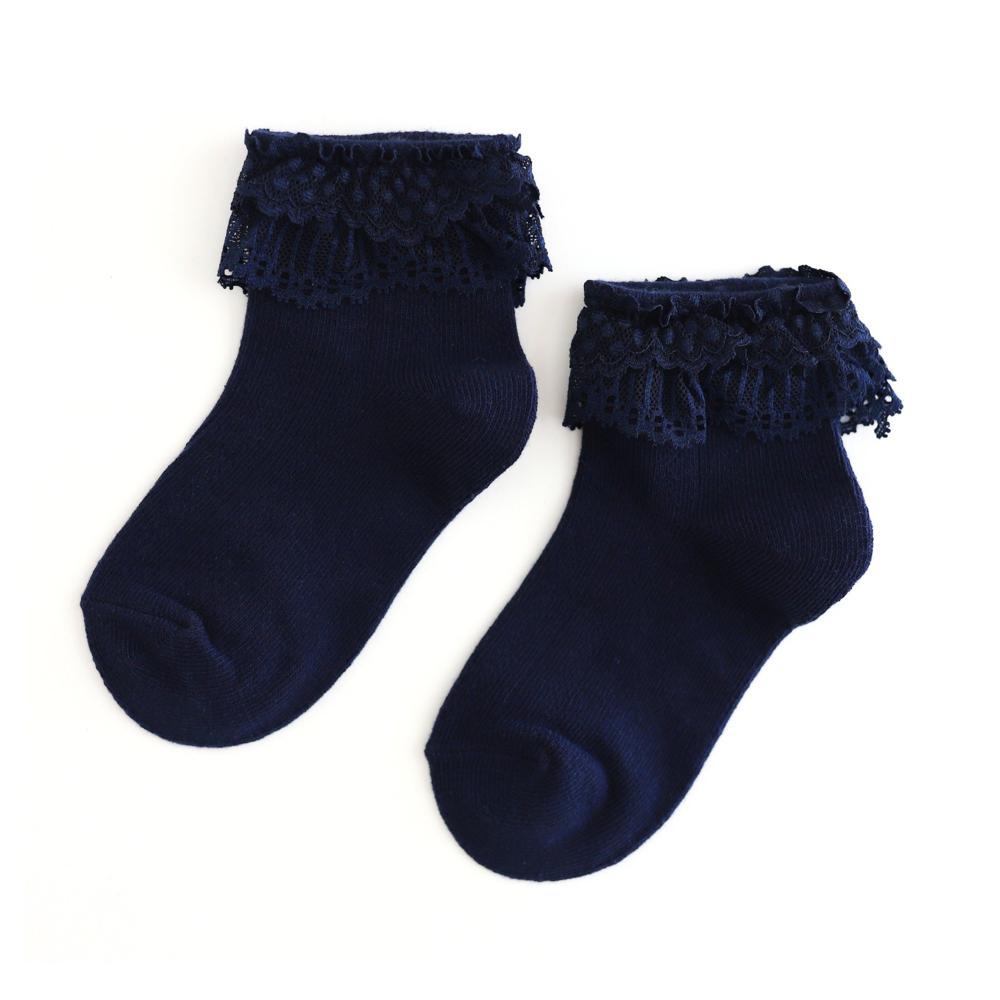girls navy blue ankle socks with navy lace trim for school