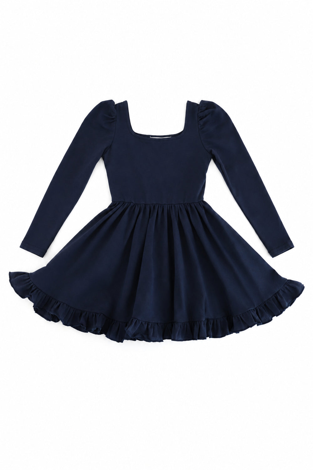 girls' solid navy blue long sleeve twirl dress with square neck and ruffled hem